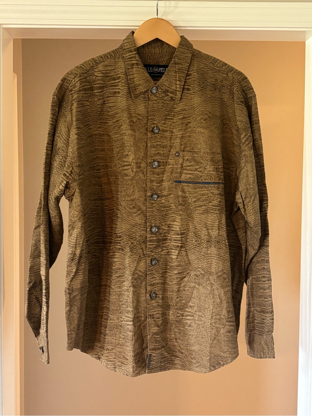 Pelle Pelle Men's Tan Brown Croc Patterned Button-Front Shirt Jacket 90’s New
